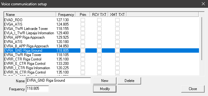 ES "voice communication setup" window with EVRA_GND highlighted