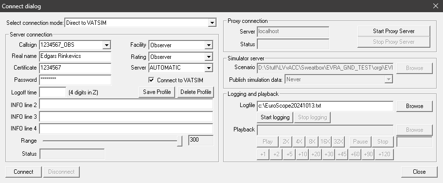 ES connection dialog window
