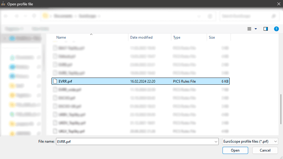 EuroScope profile selection dialog. EVRR.prf is selected