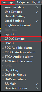 TopSky grey ribbon with the "Settings" and "CPDLC Setting" buttons highlighted