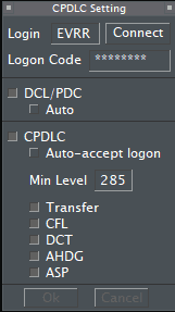 TopSky "CPDLC Setting" dialog, configured for CPDLC services