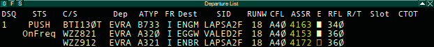 ES departure list with 3 aircraft; 2 have clearance, 1 is cleared for pushback and startup; all aircraft are assigned CFL of 4000ft and a squawk within the valid international squawk range